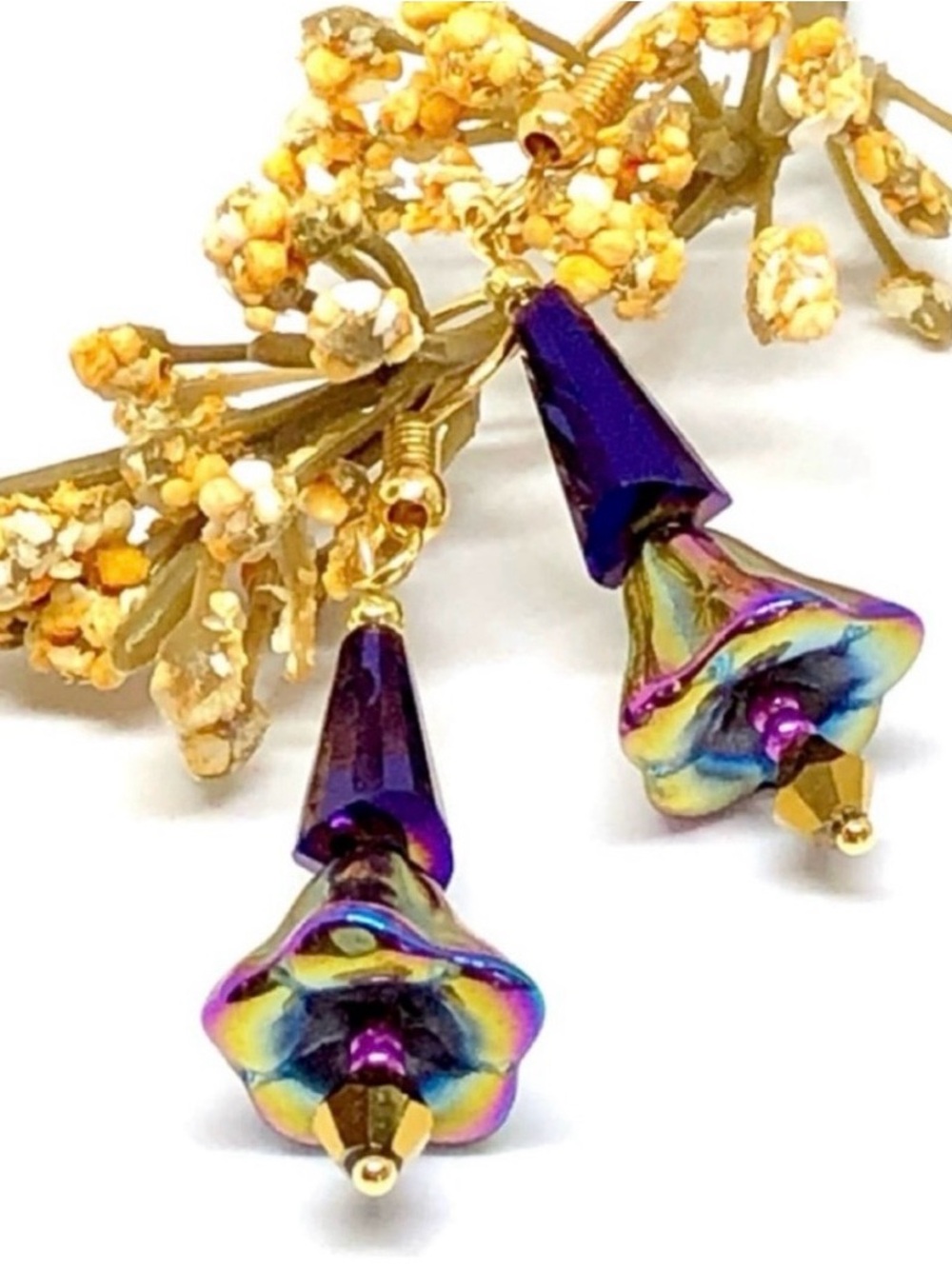 Iris Purple Blue Gold Bronze Metallic Glass Flower and Faceted Cone Earrings NWT